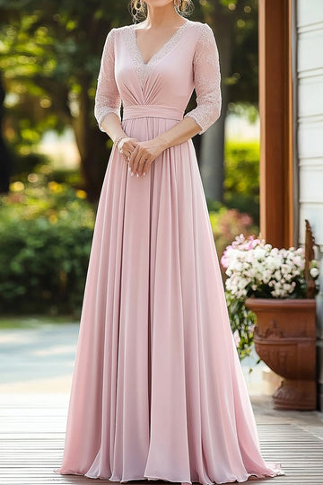 Robe de mère de la mariée en mousseline de soie élégante en dentelle rose avec manches 3/4